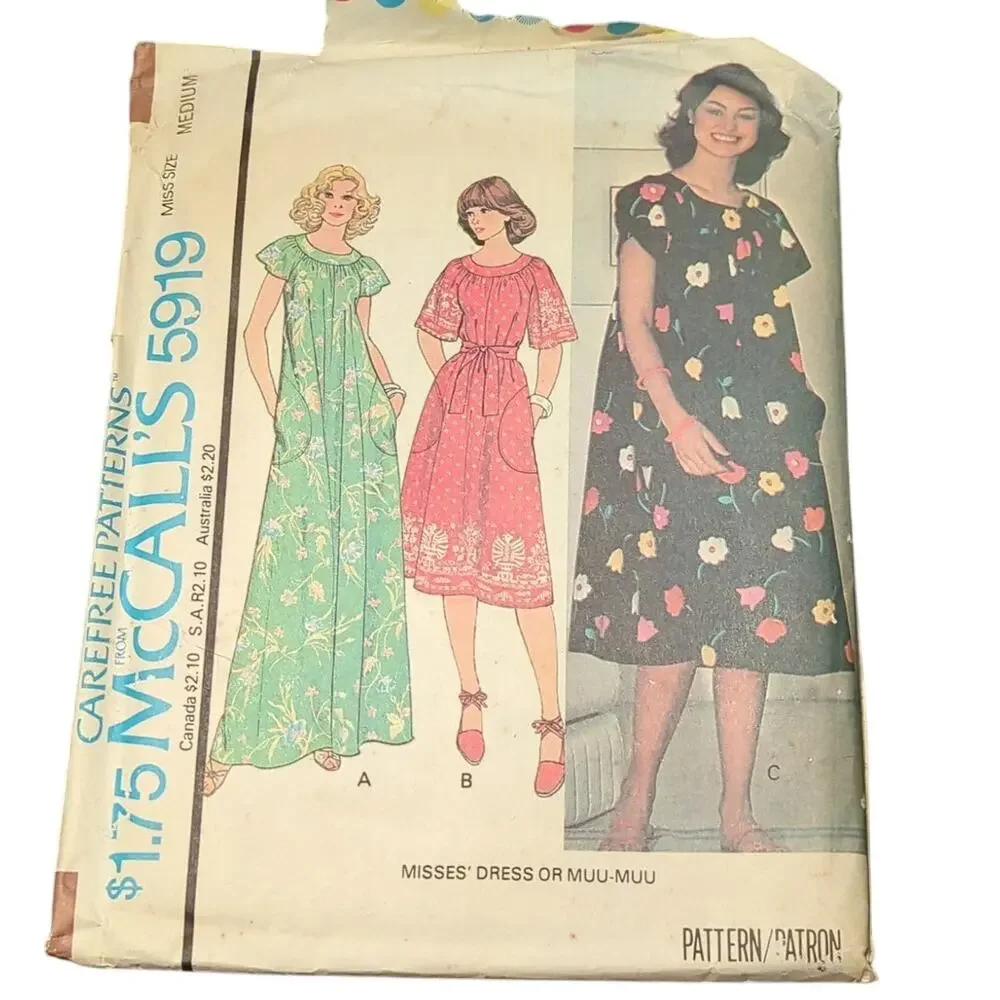 McCalls 5919 Vintage Sewing Pattern Size 12 Bust 34 Misses Dress or Muu-Muu